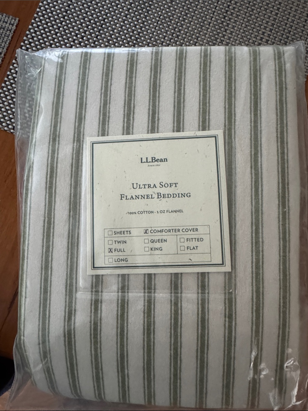 L.L. Bean Flannel Comforter Cover in White and Sage Stripe in Sea Grass